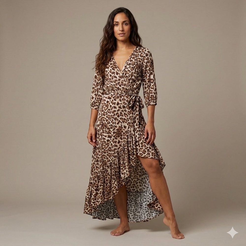 TYSA Wrap Dress Animal Print Leopard Ruffle 3/4 Sleeve Modest hi-lo
